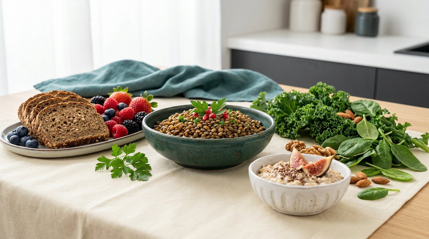 Assortiment d'aliments sains riches en fibres sur une table : lentilles, baies, pain complet, flocons d'avoine et légumes verts.