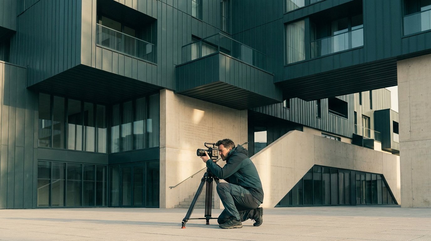 Un photographe accroupi utilise une caméra sur trépied devant un immeuble résidentiel moderne en béton et métal.