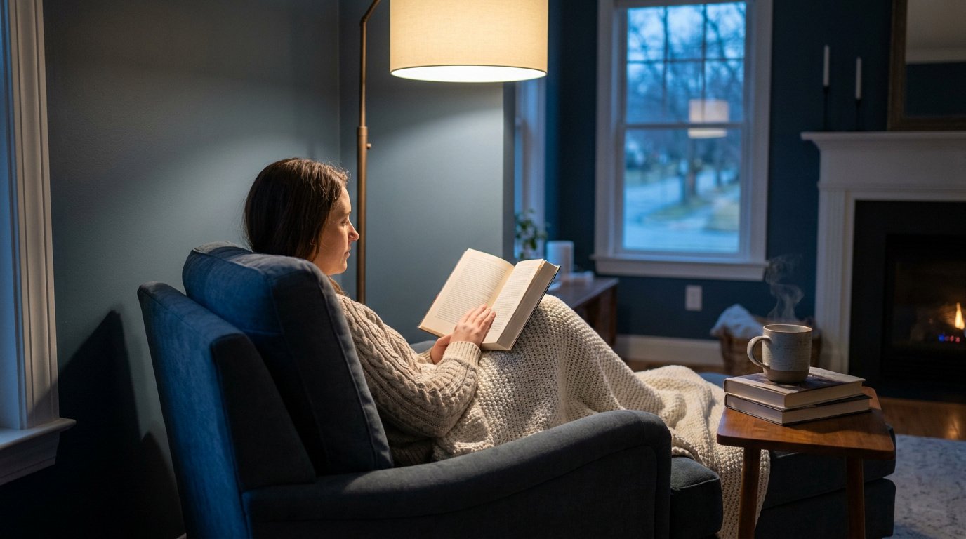 Une femme lit un livre confortablement installée dans un fauteuil avec une couverture, une tasse fumante à ses côtés.