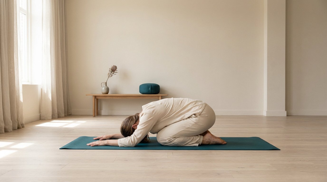 Une femme en tenue confortable pratique la posture de l'enfant sur un tapis de yoga dans un studio lumineux et épuré.