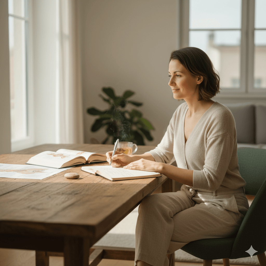 une femme assise à un bureau 
