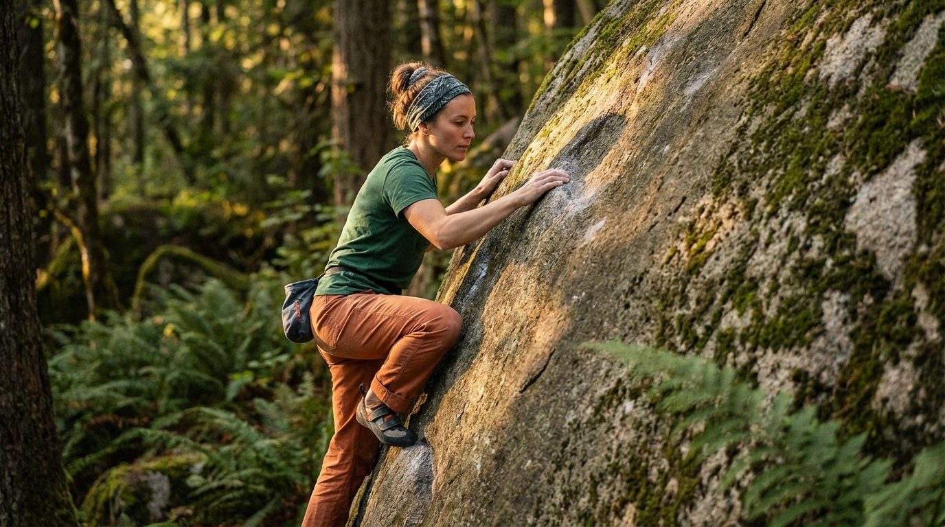 Femme concentrée escaladant un rocher en forêt, vêtue d'un t-shirt vert, pantalon orange, chaussures d'escalade et sac à magnésie.