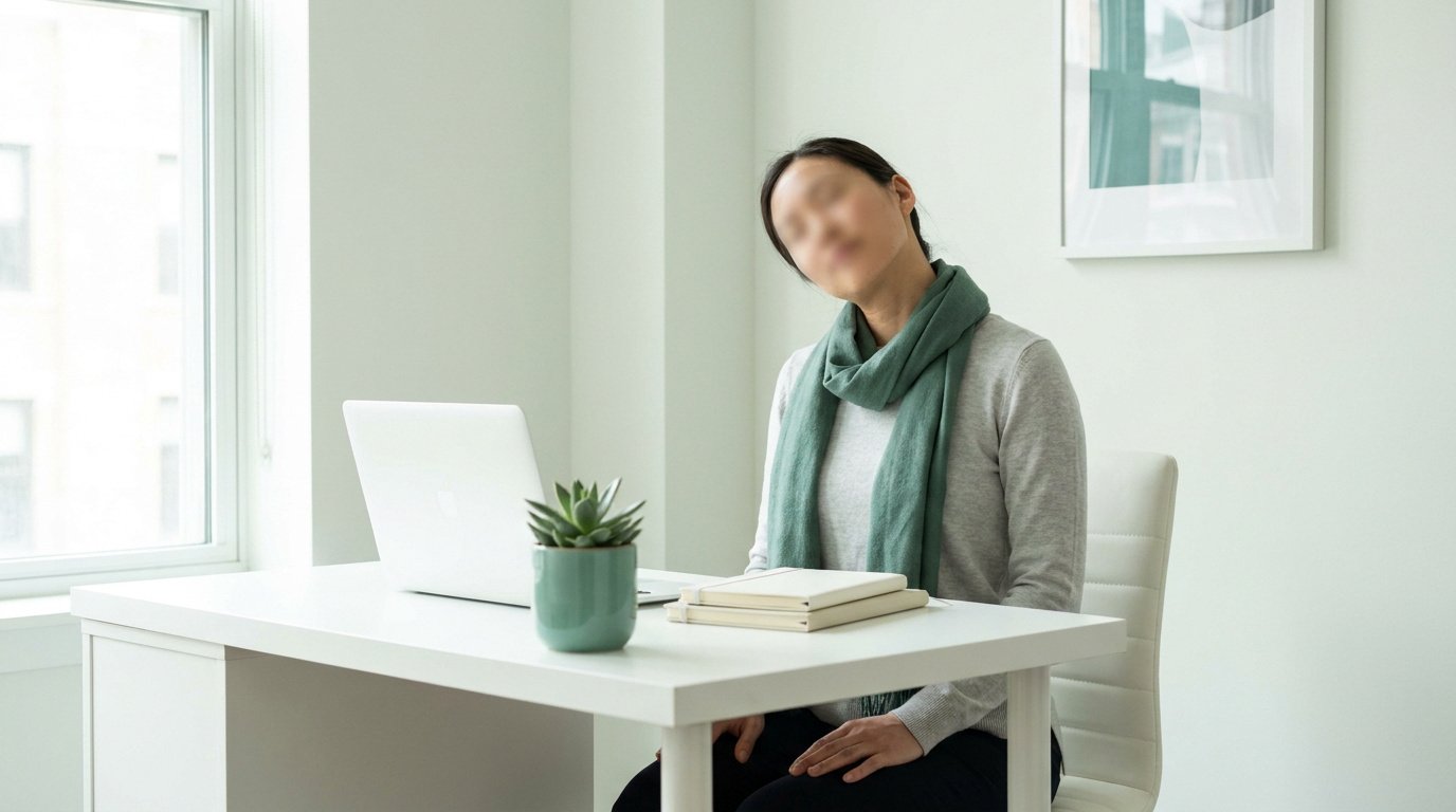 Une femme assise à son bureau fait des étirements pour le cou pour soulager ses tensions.