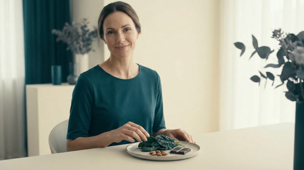 Une femme souriante assise devant une assiette d'aliments riches en magnésium comme des épinards, des amandes et du chocolat.