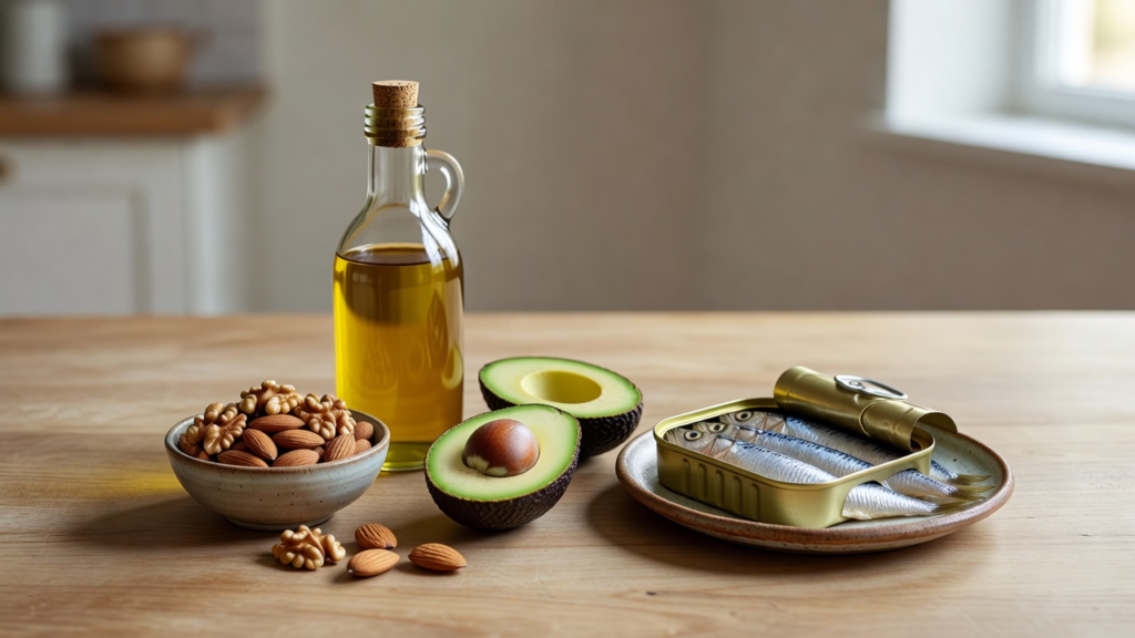 Table claire avec huile d'olive, noix, avocat et sardines, ingrédients de bonnes graisses pour la nutrition quotidienne