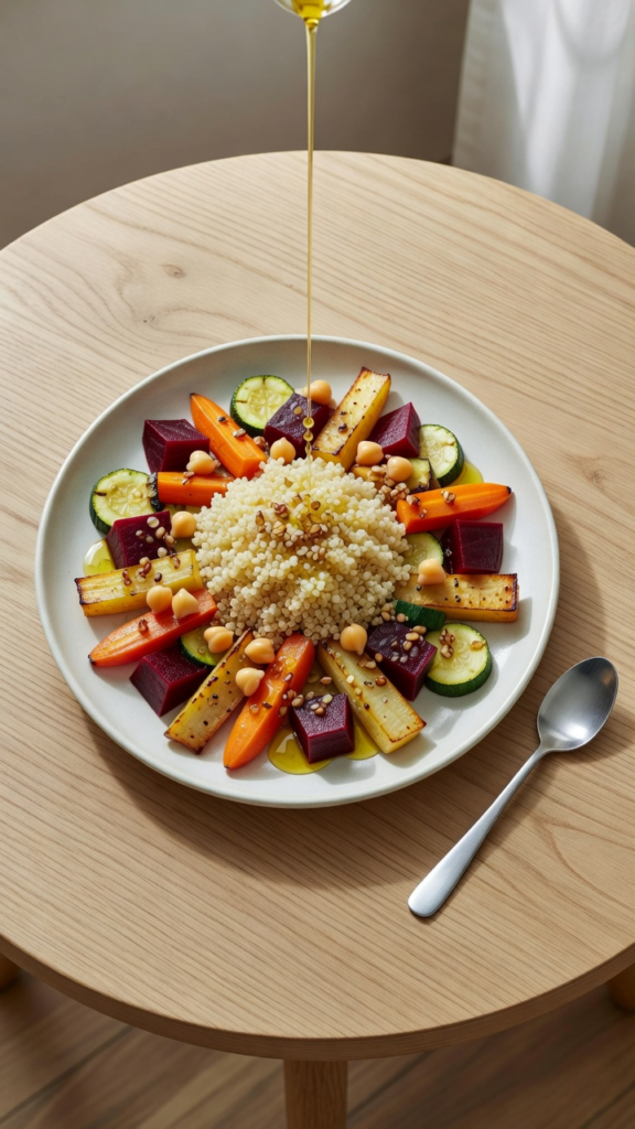 Assiette équilibrée vue de dessus : légumes rôtis, quinoa, pois chiches et vinaigrette à l'huile de noix