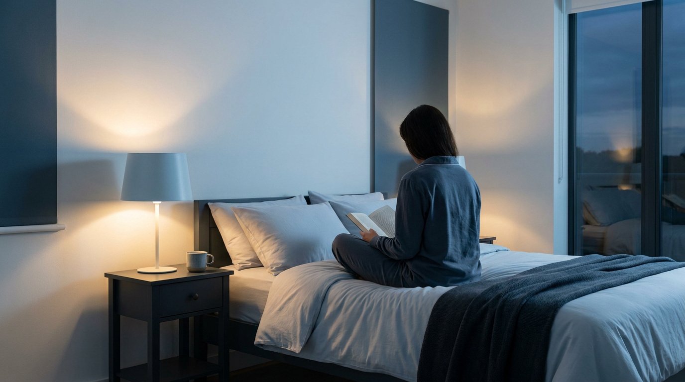 Une personne assise sur son lit, lisant un livre dans une chambre à coucher faiblement éclairée le soir.