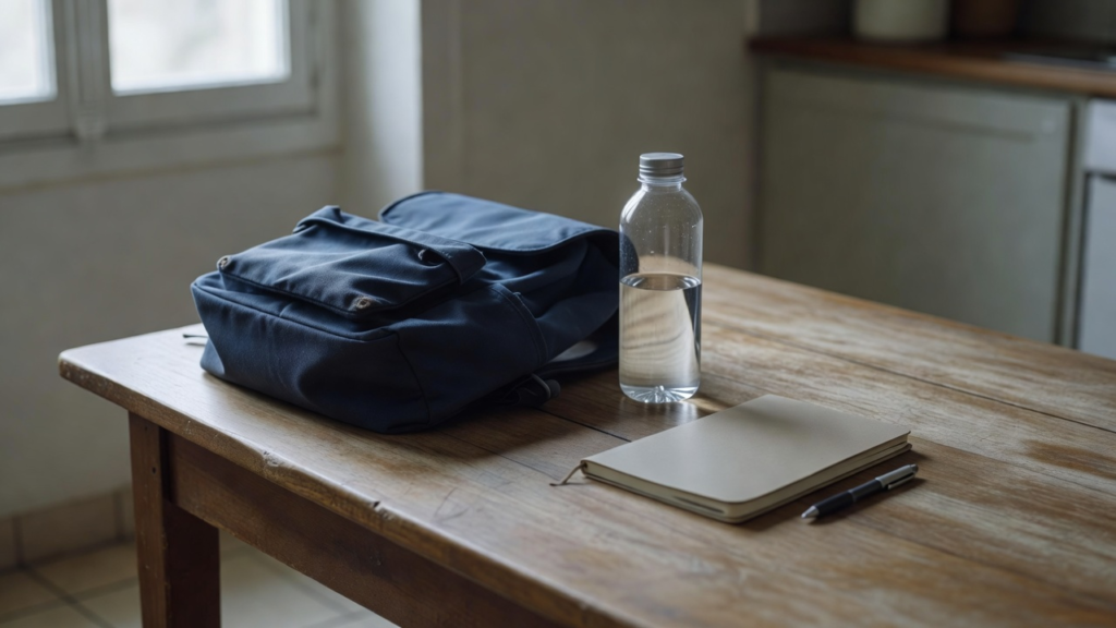 Cartable d'école fermé, gourde à moitié remplie et carnet sur une table de cuisine, au matin