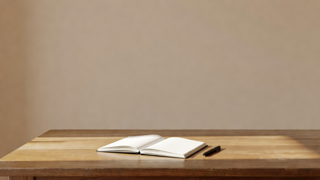 Carnet ouvert vierge et stylo sur une table en bois, pour poser les dates à un seul endroit