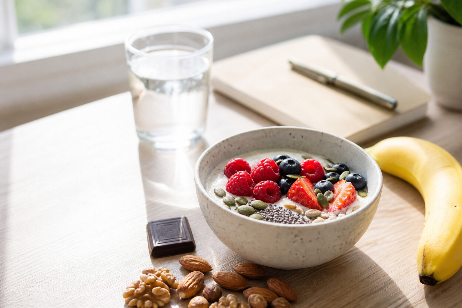 Collation anti-fatigue avec yaourt, fruits rouges, graines, noix et chocolat noir