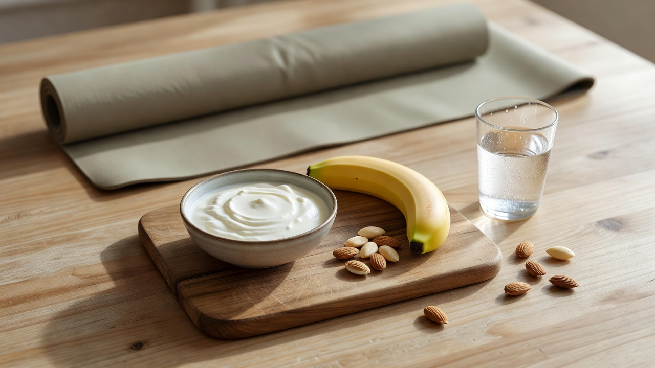 Collation avant sport doux : yaourt, banane et amandes préparés sur une table claire avant une séance