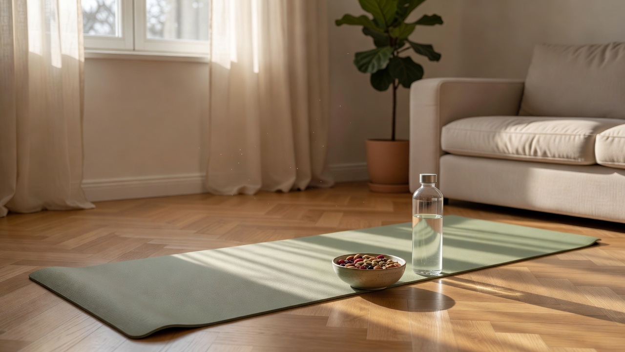 Préparation d'une séance douce à la maison : tapis de yoga, gourde et collation posés au sol