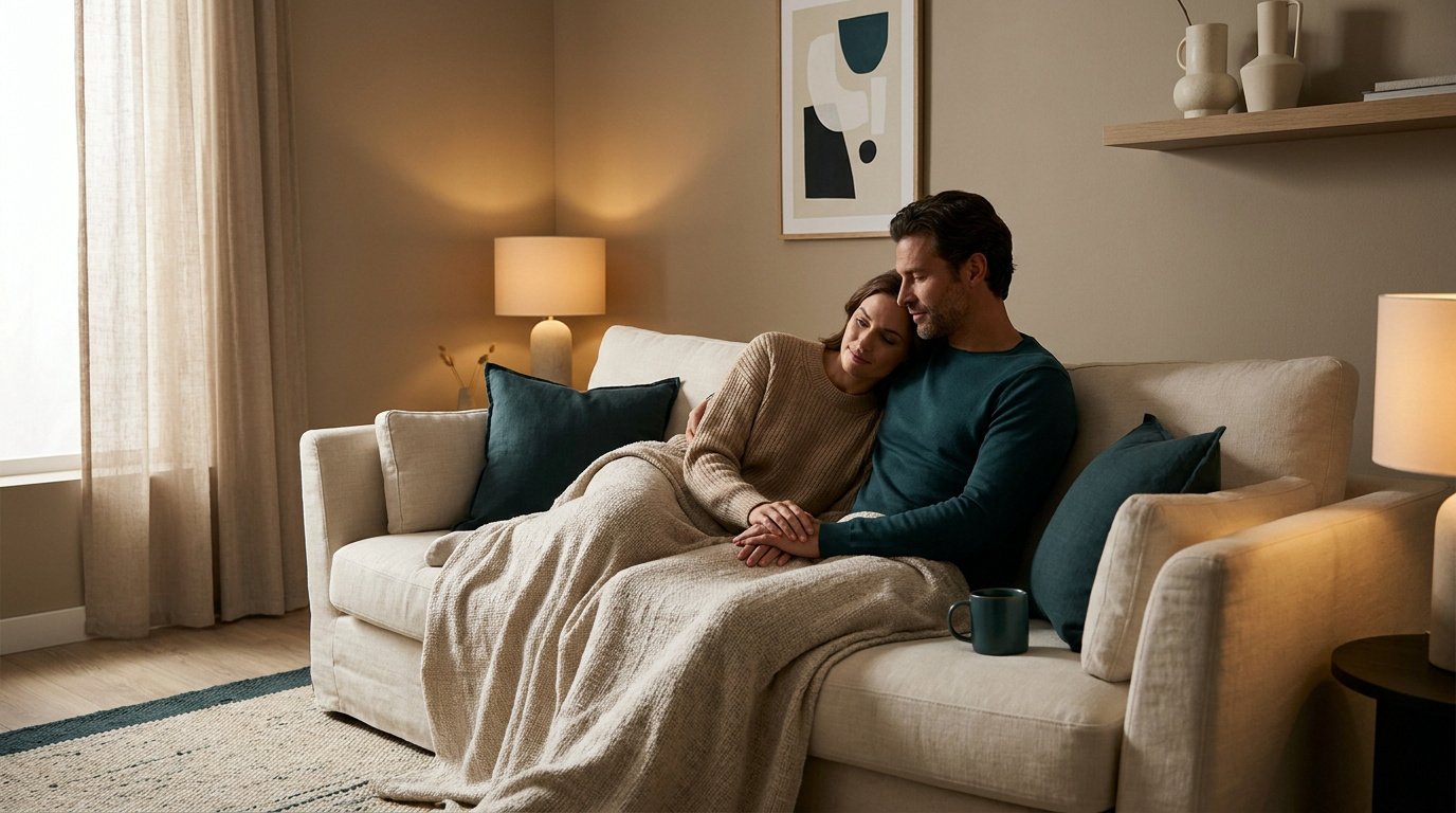 Un couple s'enlace tendrement sous une couverture sur un canapé dans un salon chaleureux et tamisé.