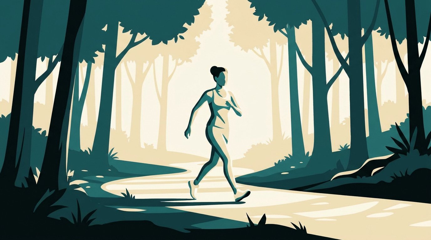 Illustration stylisée d'une femme courant sur un sentier forestier aux tons vert et crème.