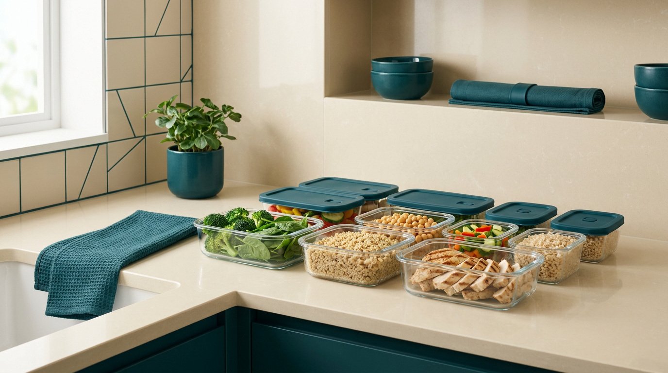 Récipients en verre remplis d'aliments sains préparés, rangés sur un comptoir de cuisine moderne.