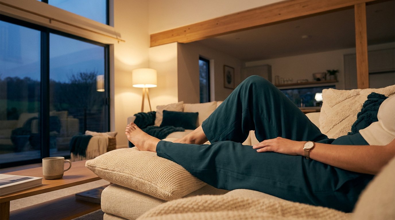 Personne se relaxant sur un canapé, les jambes surélevées pour soulager la fatigue en fin de journée.