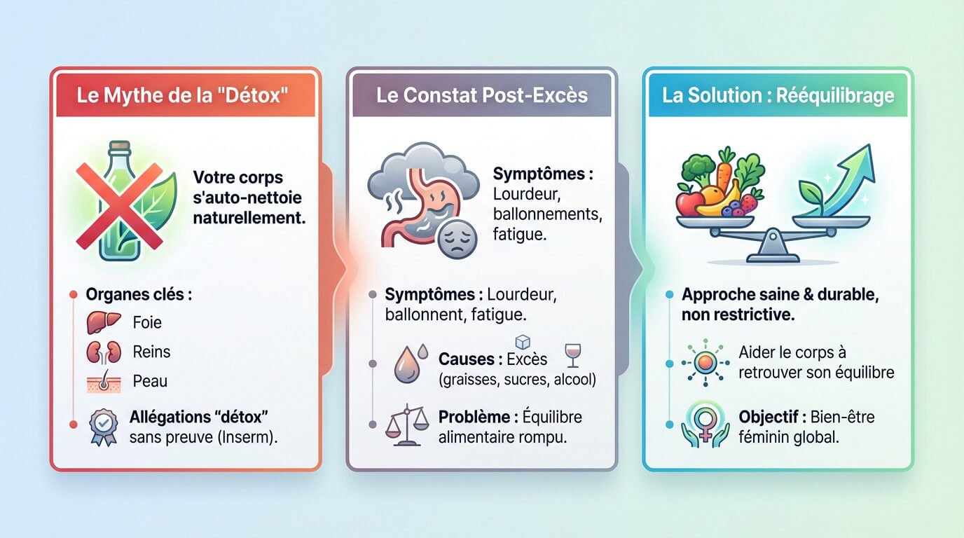 Comparaison entre le mythe de la détox et la réalité du rééquilibrage alimentaire pour la santé