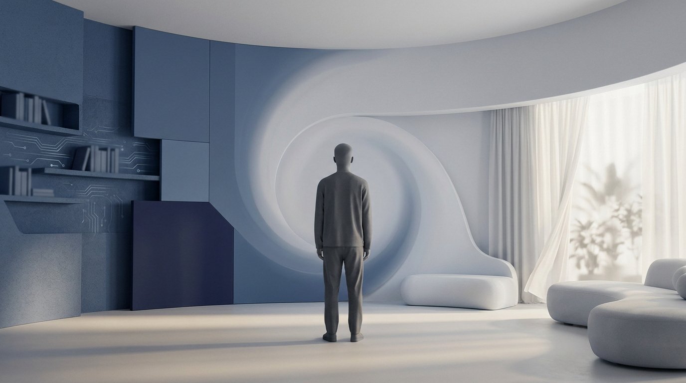 Une personne debout face à un mur sculptural en spirale dans une pièce moderne aux tons bleus et blancs.