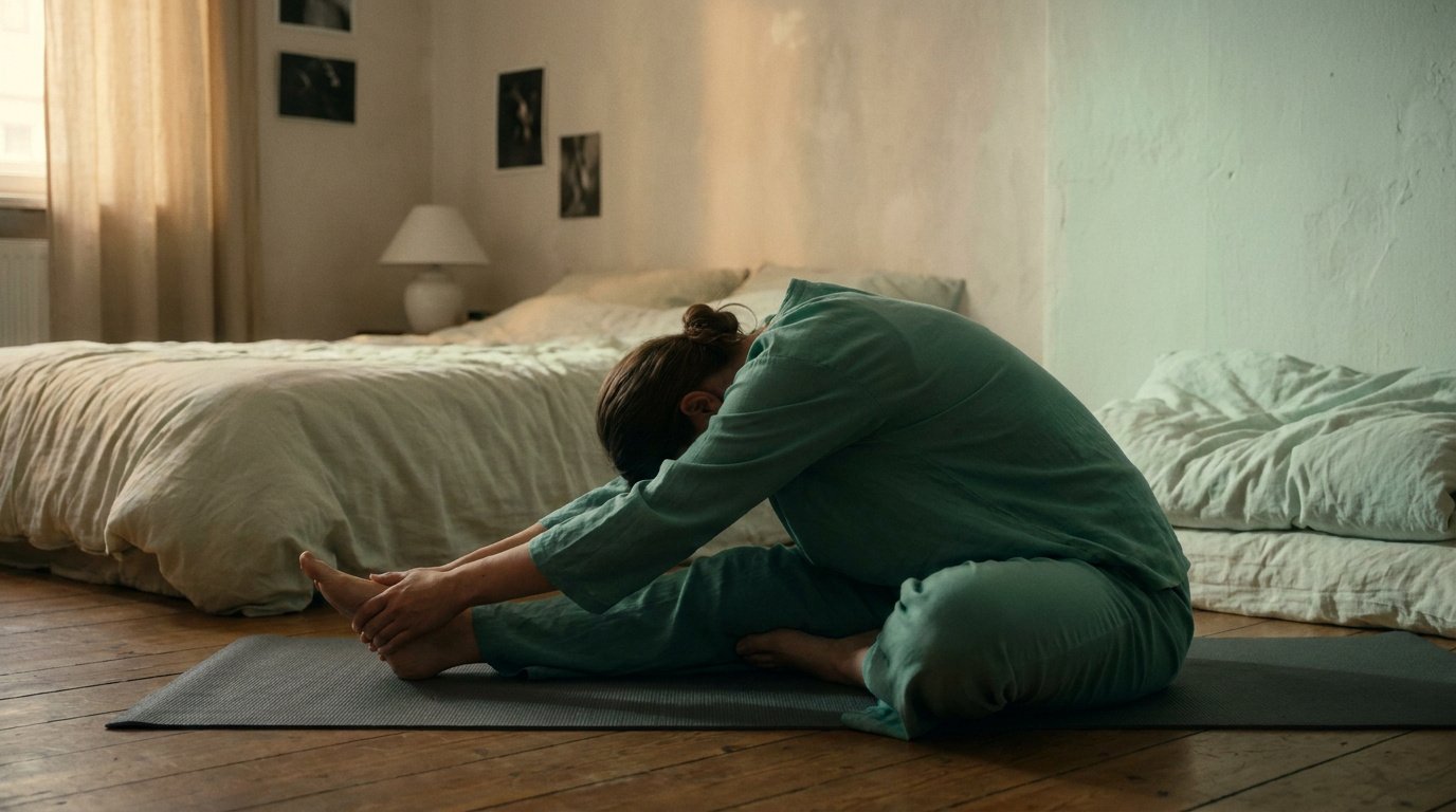 Une femme en tenue de nuit verte pratique des étirements sur un tapis de yoga dans une chambre chaleureuse.