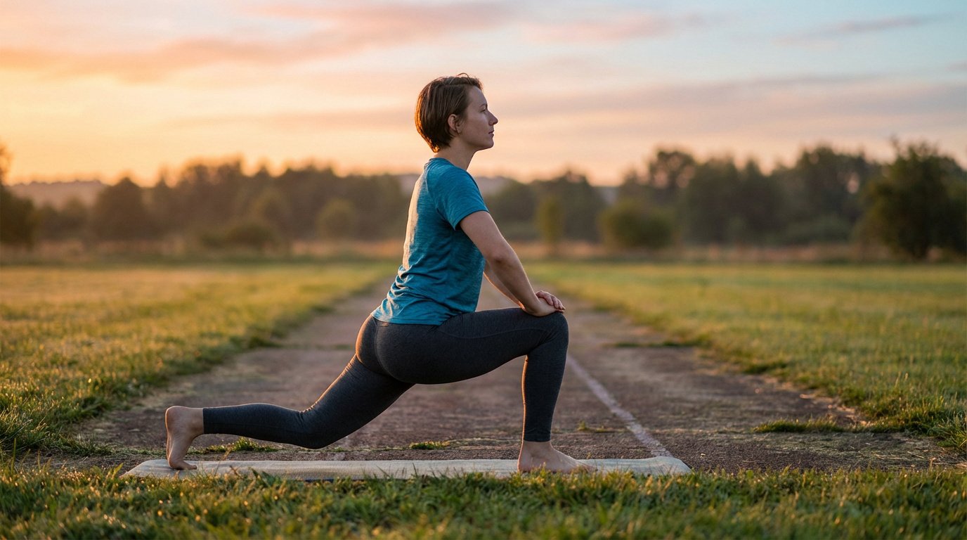 Femme faisant un étirement de fente sur un tapis de yoga en plein air au lever du soleil, dans un cadre paisible.