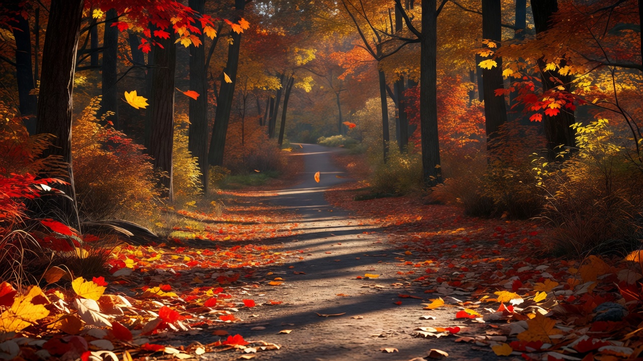 Chemin d'automne en fin d'après-midi, lumière basse.