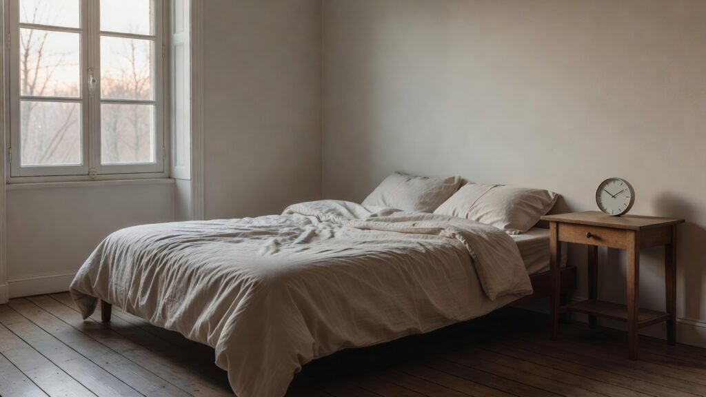 Chambre calme, lumière pâle du matin, réveil sans chiffres sur la table de chevet.