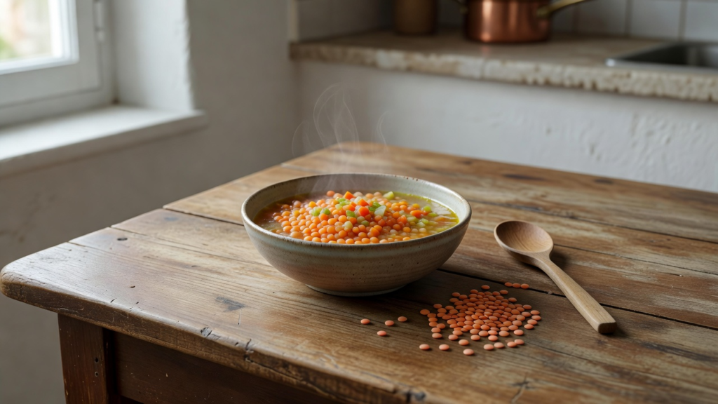 bols de lentilles et de pois chiches cuits posés sur une table de cuisine lumineuse
