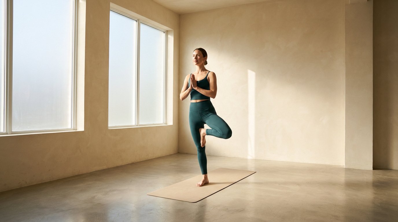 Une femme en tenue de sport bleue réalise la posture de l'arbre sur un tapis de yoga dans une pièce lumineuse.