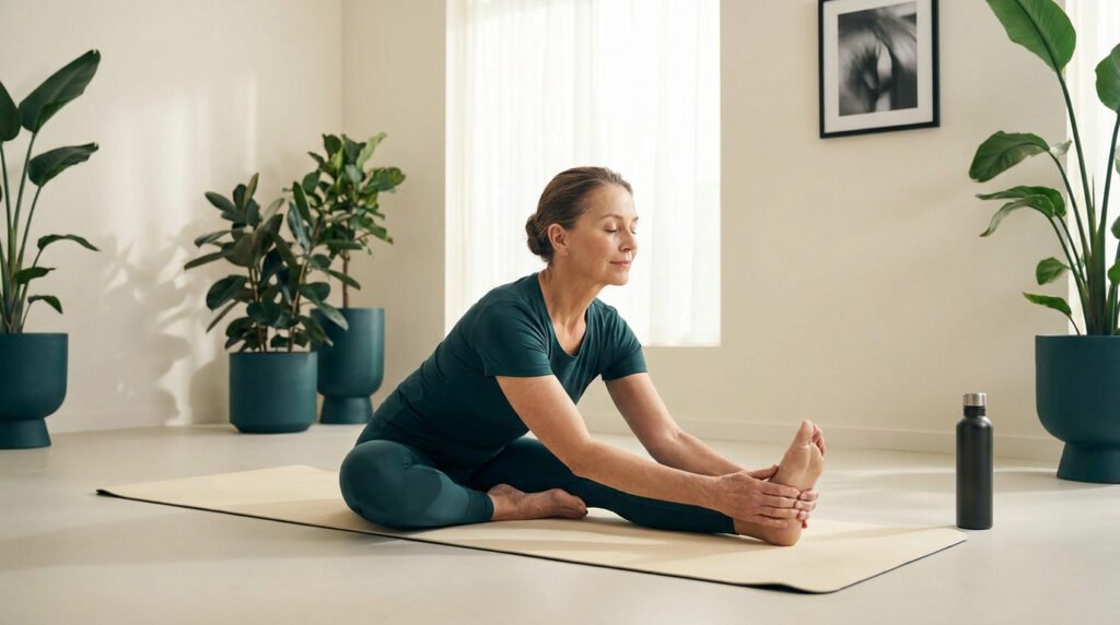 Une femme mature fait une posture de yoga assise pour s'étirer sur un tapis dans un intérieur lumineux et paisible.