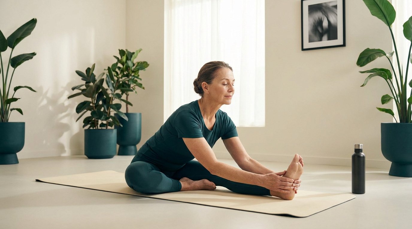 Une femme mature fait une posture de yoga assise pour s'étirer sur un tapis dans un intérieur lumineux et paisible.