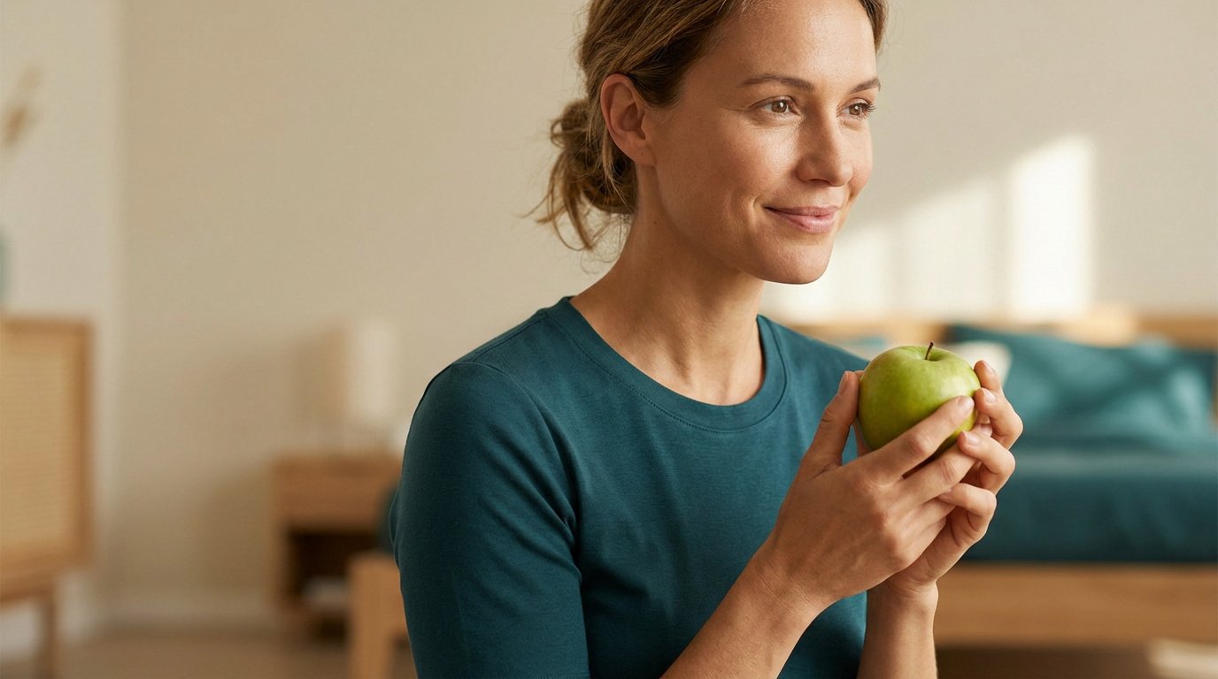 Une femme souriante tenant une pomme verte dans un intérieur lumineux.