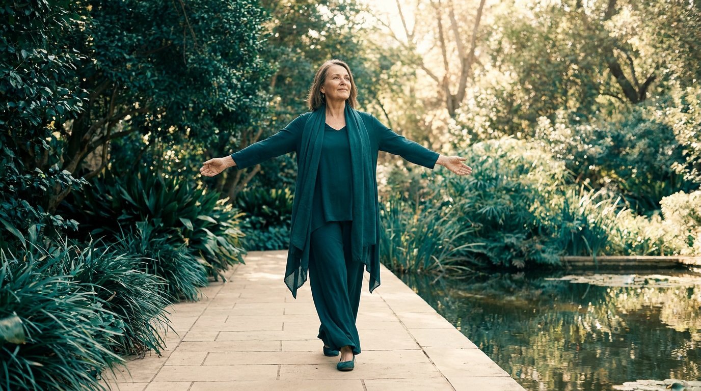 Une femme mature sereine en tenue verte marchant les bras ouverts le long d'un bassin dans un jardin verdoyant.