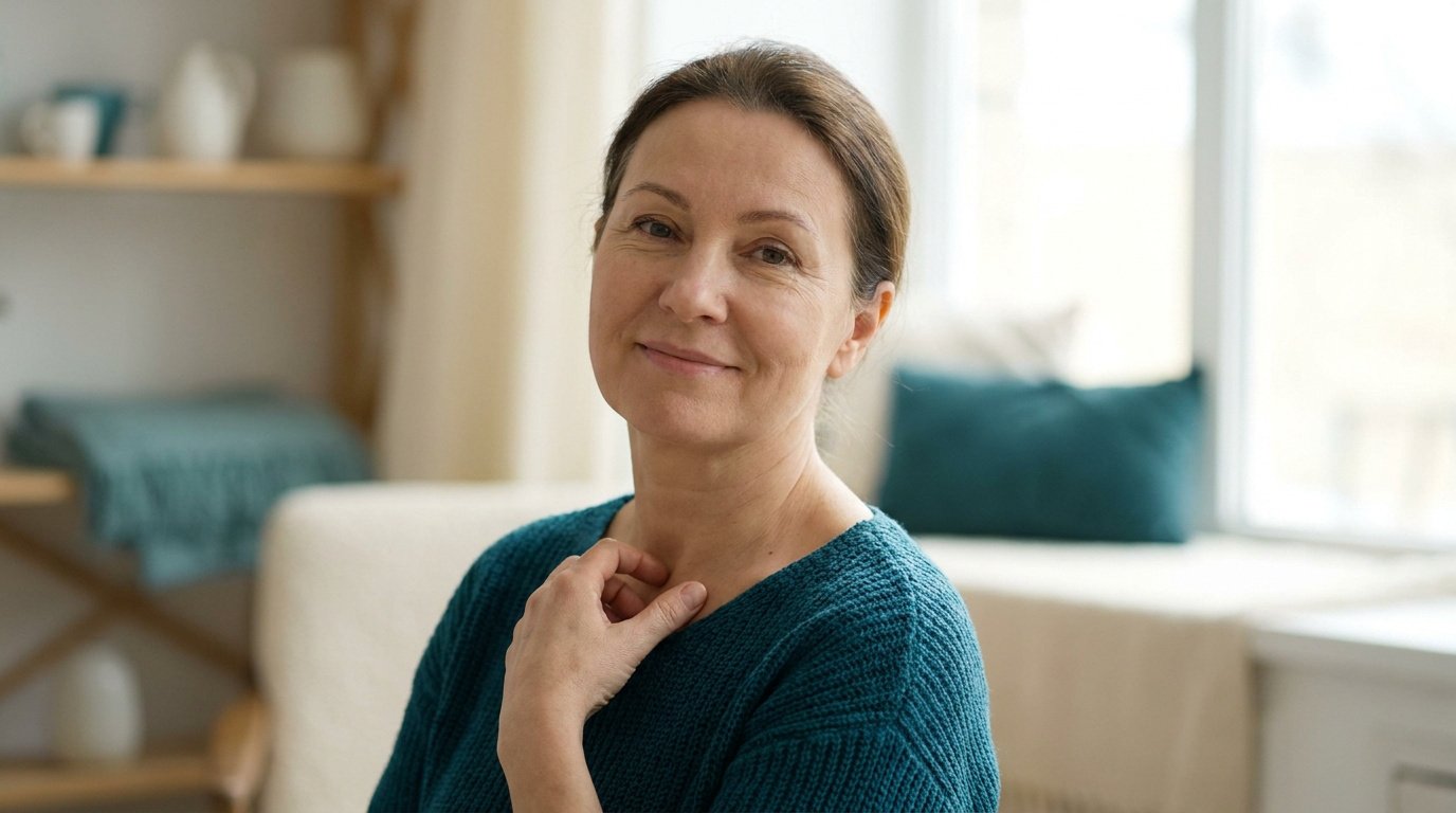 Une femme mûre souriante porte un pull bleu dans un intérieur lumineux et paisible.