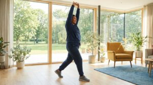 Une femme souriante s'étire, les bras levés, dans un salon lumineux avec de grandes fenêtres donnant sur la nature.