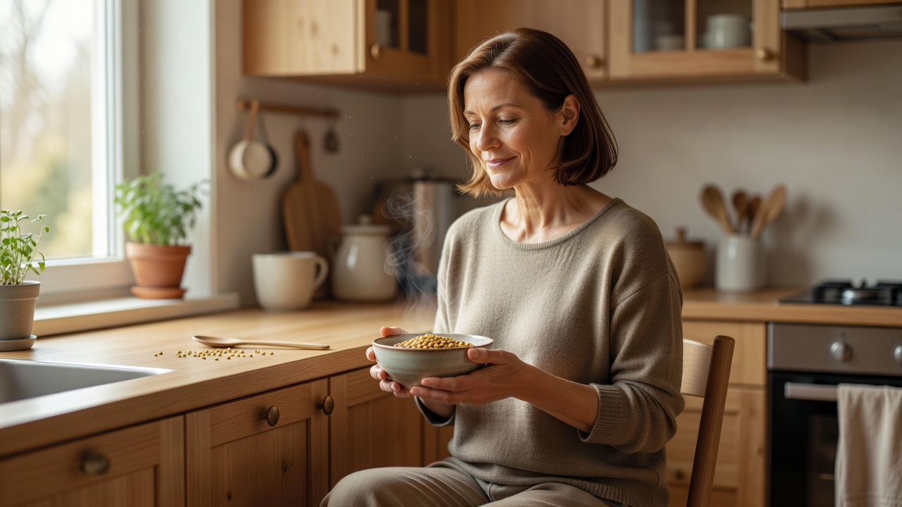 Femme assise dans une cuisine lumineuse avec un bol de lentilles, illustration d'un article sur le fer et la fatigue
