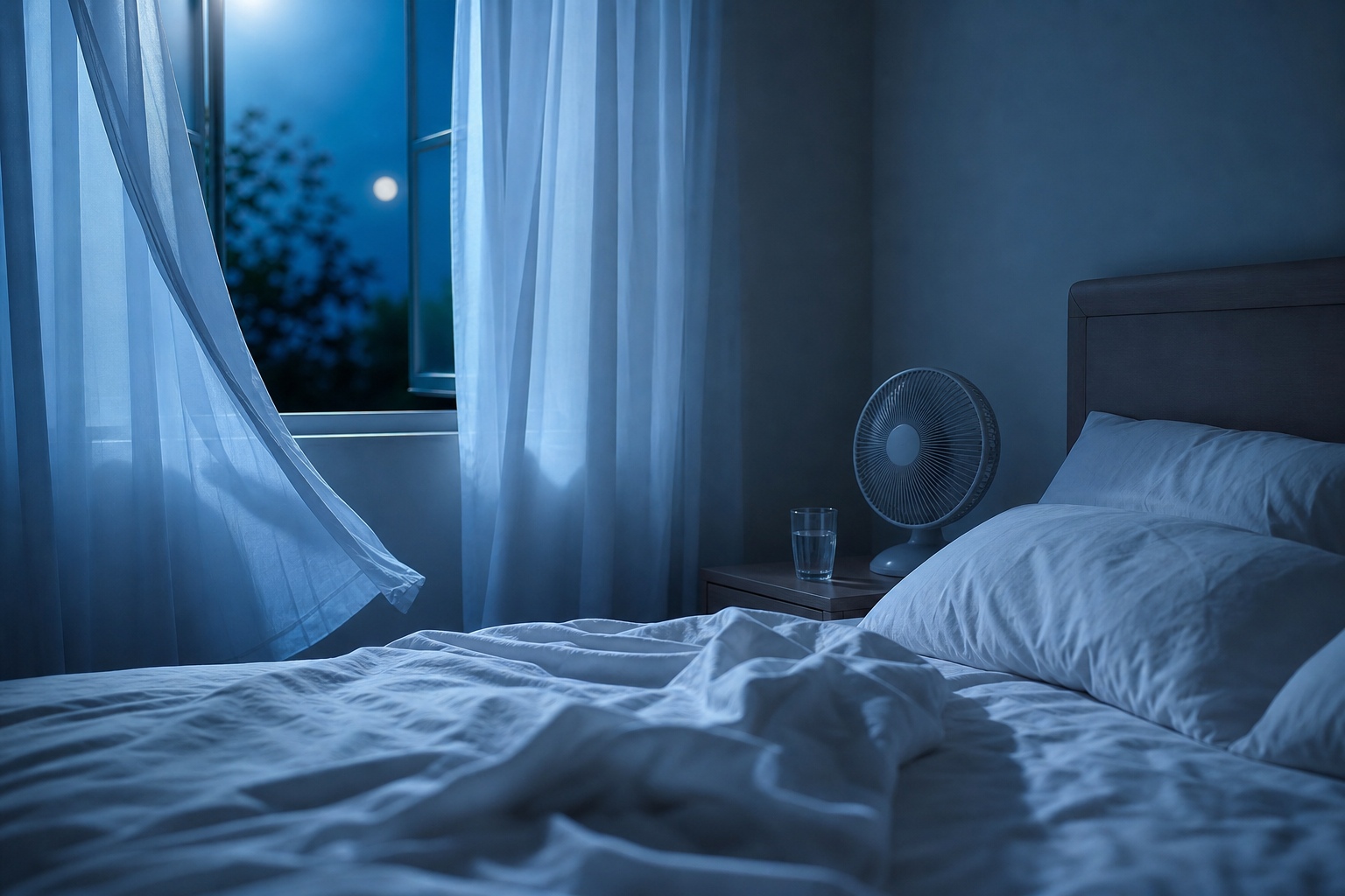 Chambre apaisante en été avec fenêtre entrouverte et verre d’eau