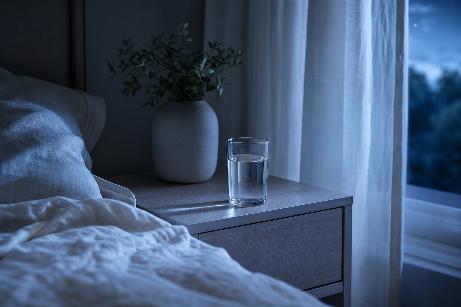Table de chevet avec verre d’eau dans une chambre calme en été