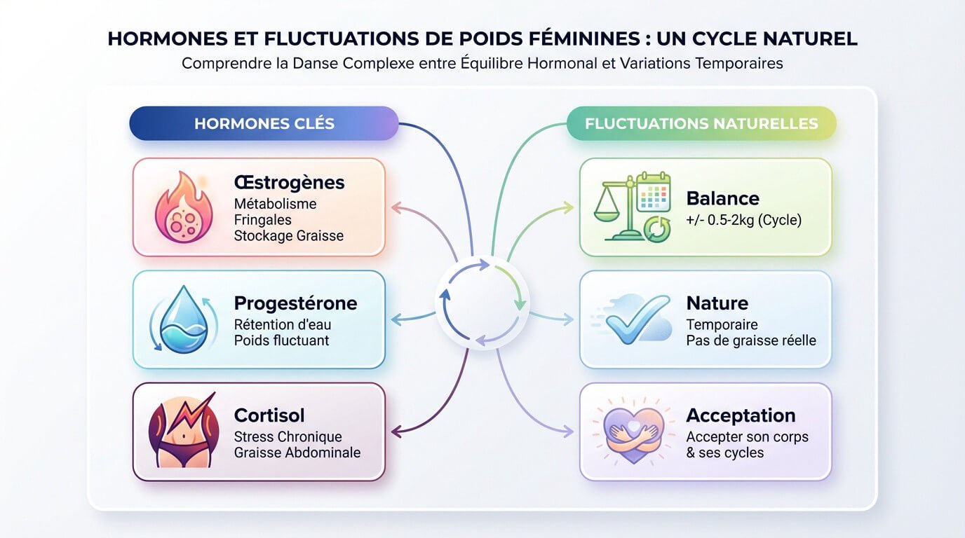 Schéma illustrant l'impact des fluctuations hormonales sur le poids féminin au cours du cycle menstruel