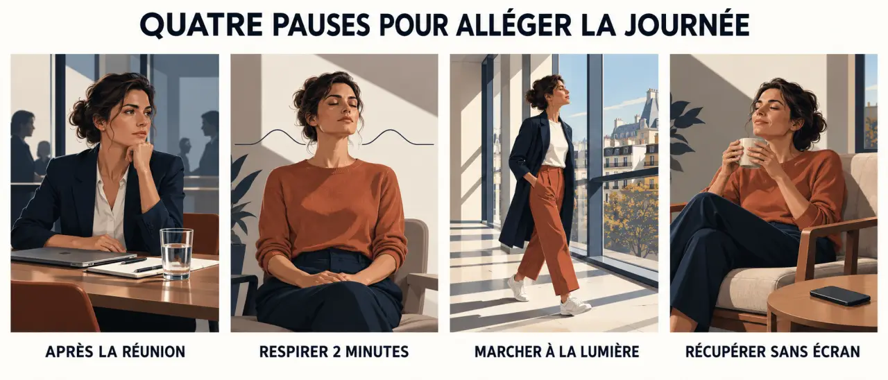 Pauses bien-être pour réduire son stress quotidien au bureau, avec respiration, marche et récupération