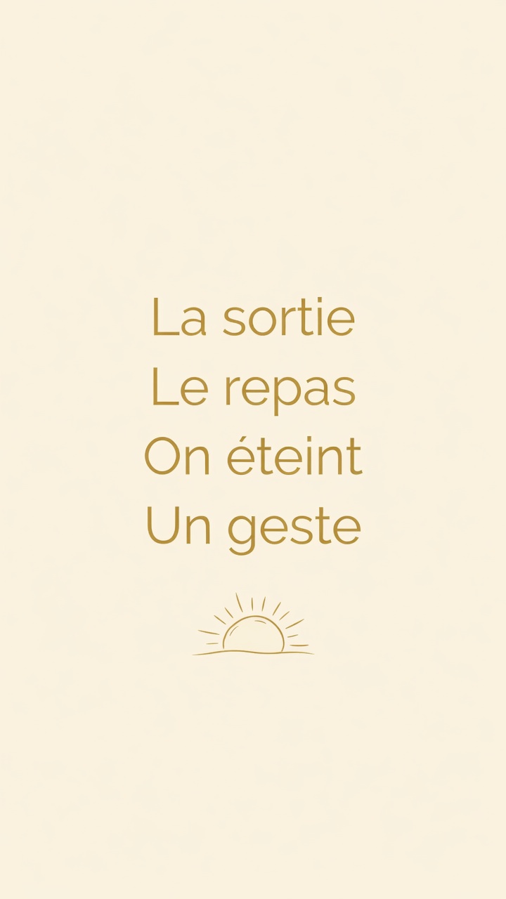 Schéma : la sortie, le repas, on éteint, un geste.