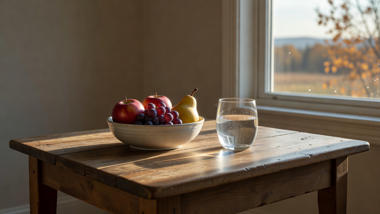 Bol de fruits et verre d'eau près d'une fenêtre.