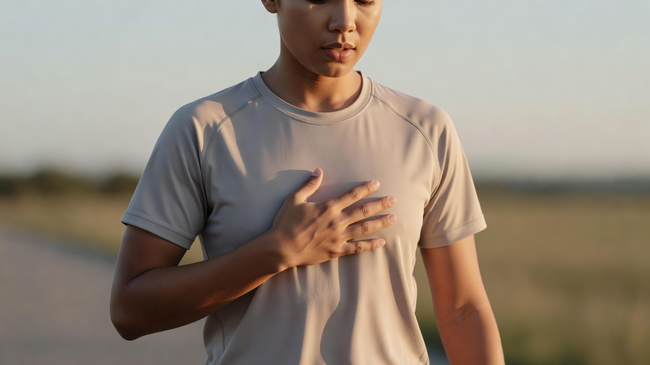 Personne ajustant sa respiration pendant une pause en marche