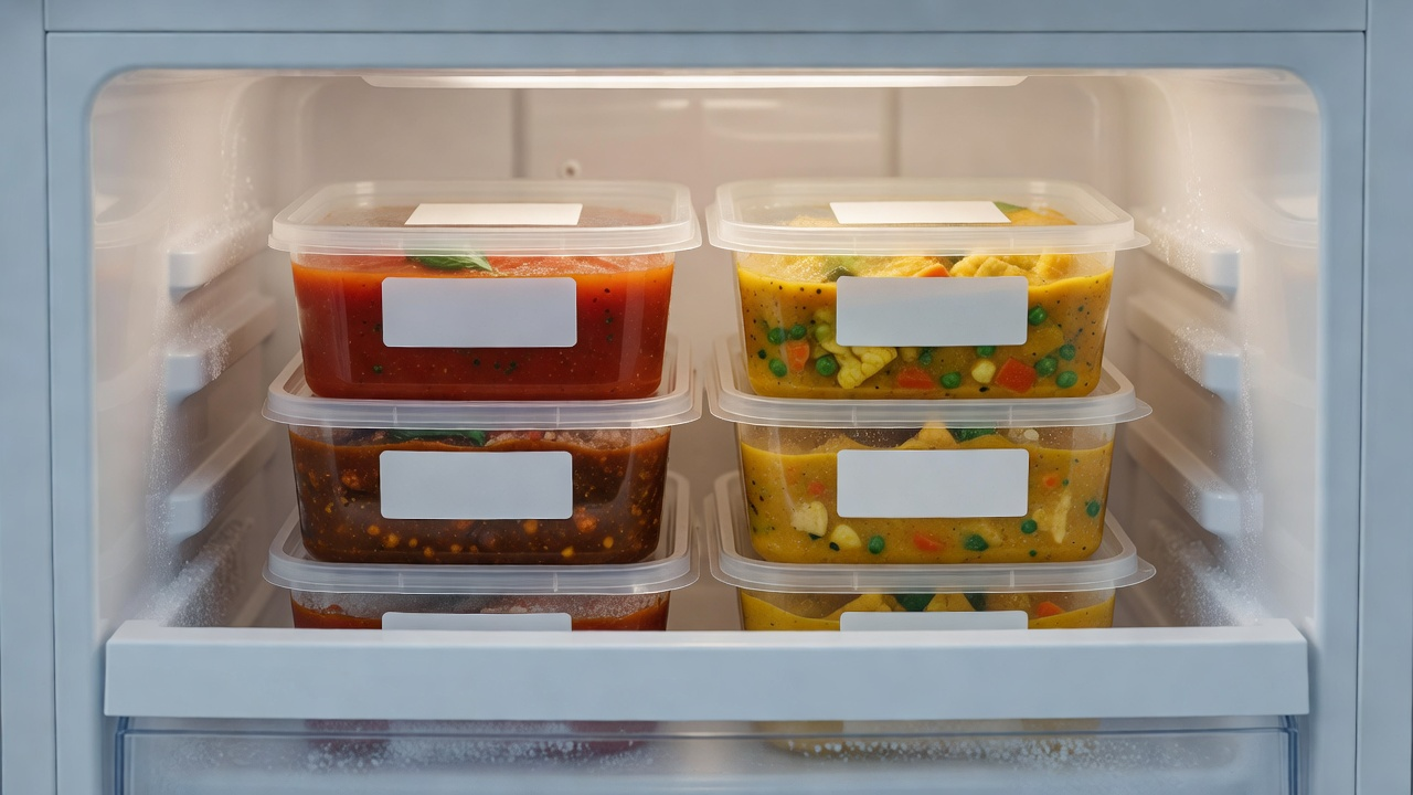 Intérieur d'un congélateur domestique bien rangé, boîtes transparentes empilées de plats cuisinés colorés, étiquettes blanches sans texte lisible