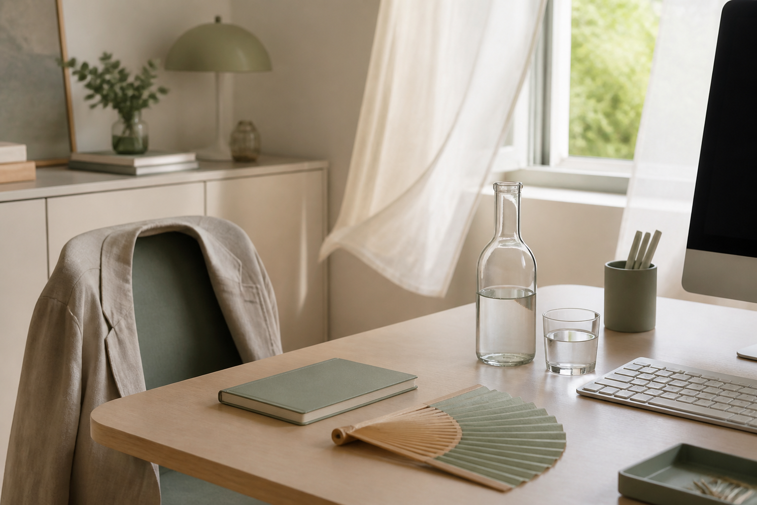 Poste de travail avec bouteille d'eau, éventail, veste légère et fenêtre entrouverte
