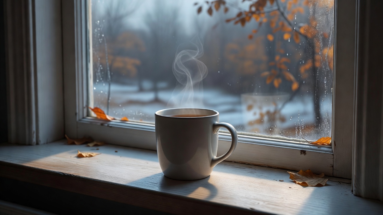 Tasse près d'une fenêtre, lumière froide de fin octobre.