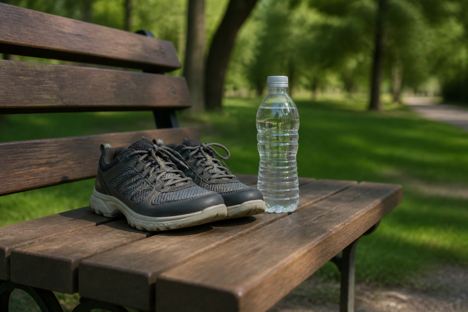 Chaussures de marche et bouteille d'eau posées sur un banc