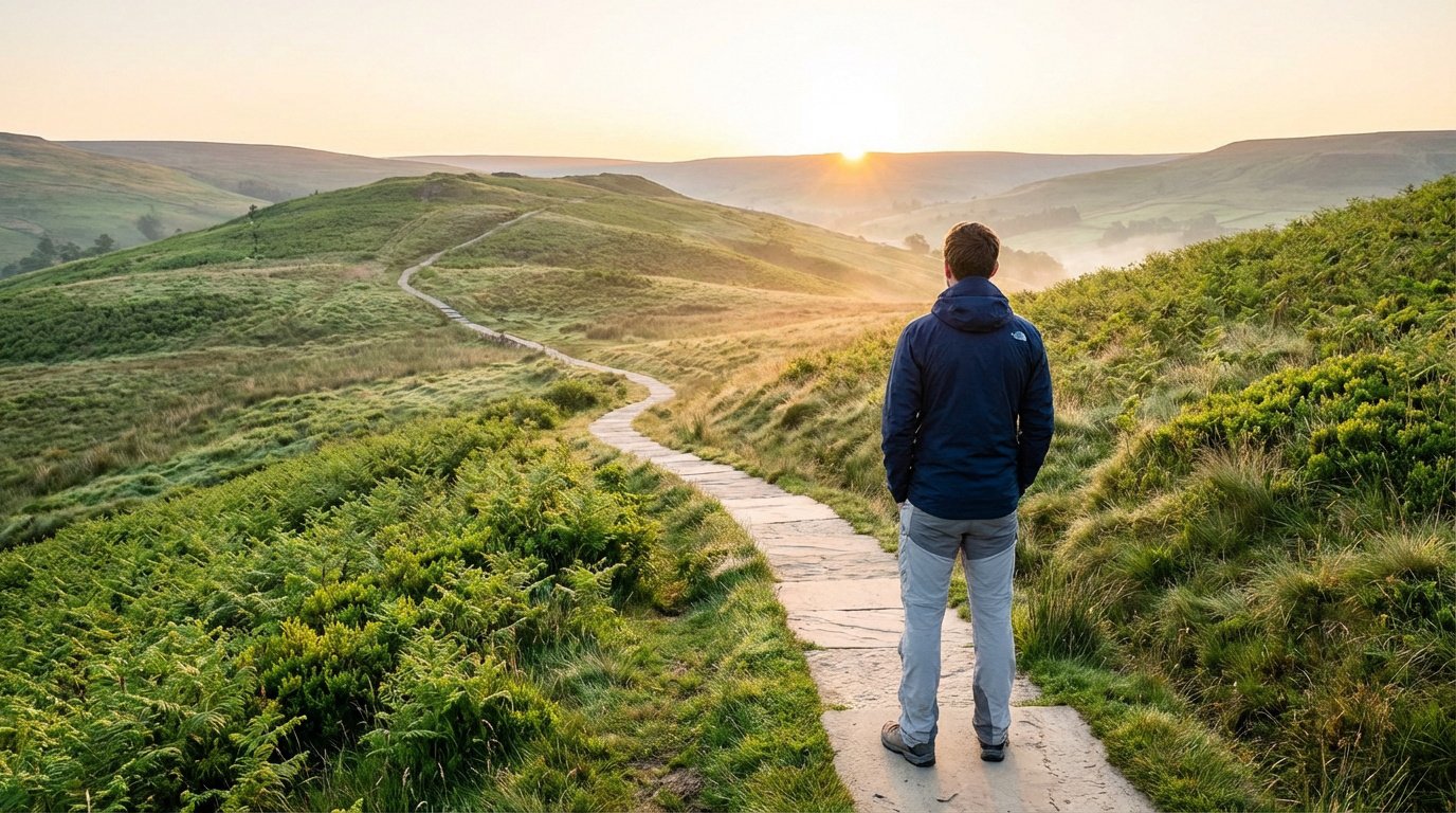 Homme sur un chemin sinueux en pierre, face à un lever de soleil brumeux sur des collines verdoyantes. Incarnant un nouveau départ.