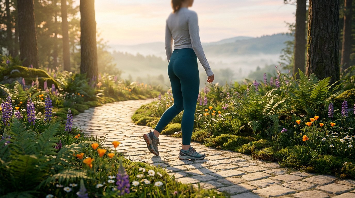Femme marchant sur un sentier pavé dans une forêt lumineuse au lever du soleil, entourée de fleurs et de verdure.
