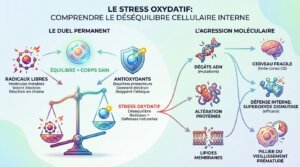 Infographie expliquant le stress oxydatif. Elle illustre l'équilibre entre radicaux libres et antioxydants et les dommages cellulaires qu'il engendre.