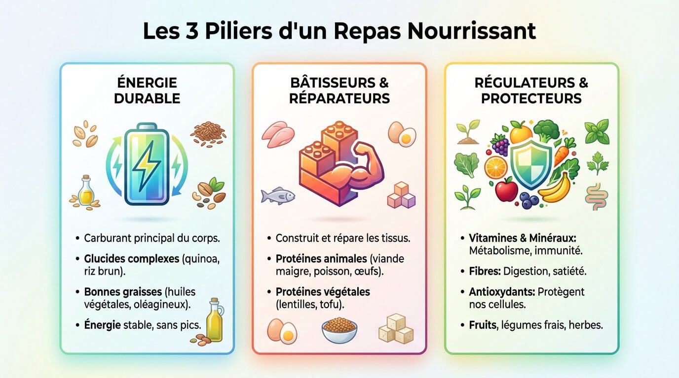 Illustration des trois piliers d'une assiette équilibrée : énergie, construction et régulation